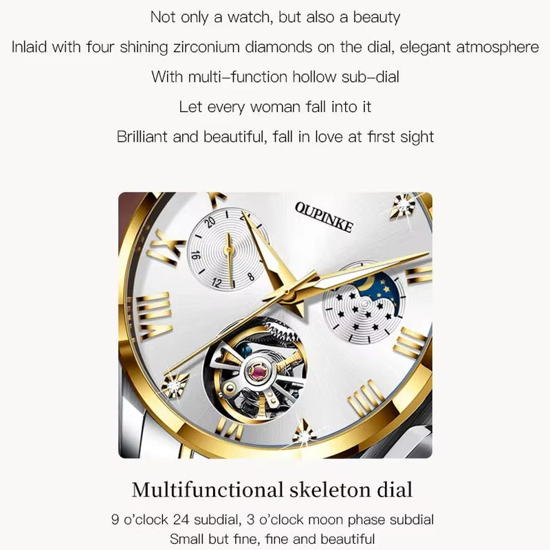 3202 Luxury Ladies Automatic Mechanical Watch Swiss Brand Tungsten Steel Waterproof Watch Moon Phase Elegant Women Watch