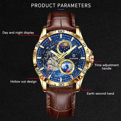 Rotating Earth Double Second Hand Wristwatch Men Automatic Mechanical Watch Starry Sky Stainless Steel Leather Watchband