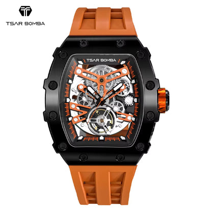 Mens Automatic Watch MIYOTA Movement Skeleton Tonneau Waterproof Wristwatch Luxury Clock Mechanical Watch for Men