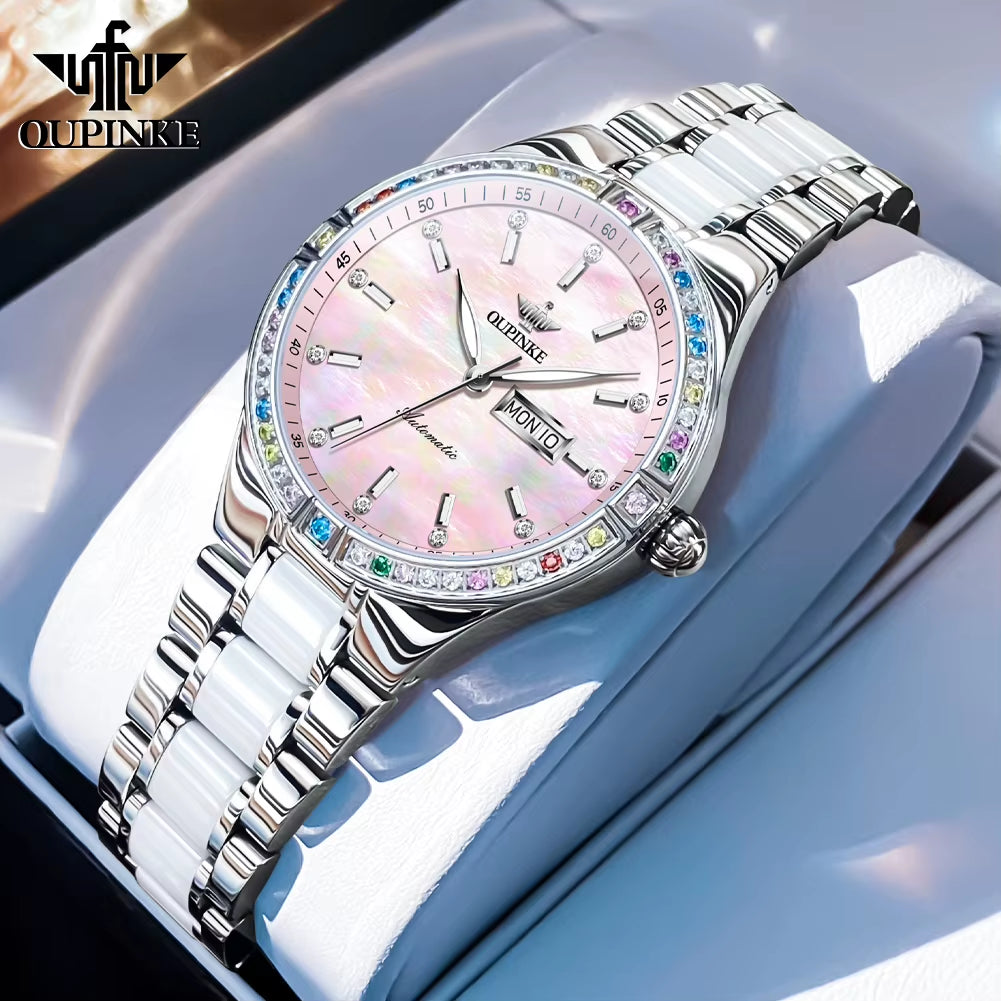 3283 Women'S Watch Elegant Ceramic Strap Luxury Brand Sapphire Calendar Week Waterproof Women Automatic Mechanical Watch