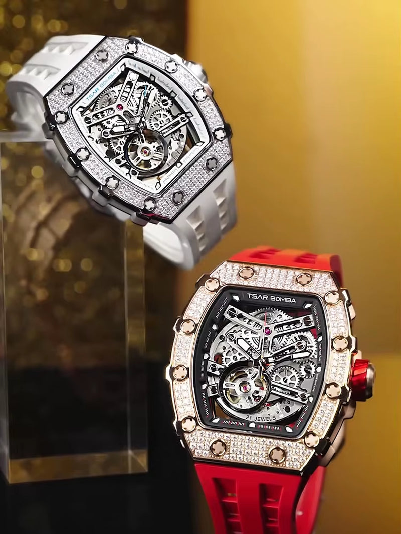 Watches for Men Diamond Automatic Watches Luxury Mens Mechanical Watch White Wristwatch Waterproof Skeleton Clock