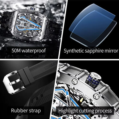 Mens Watches Luxury Brand Automatic Mechanical Wristwatch Fashion Skeleton Silicone Strap Sports Waterproof Watch Men