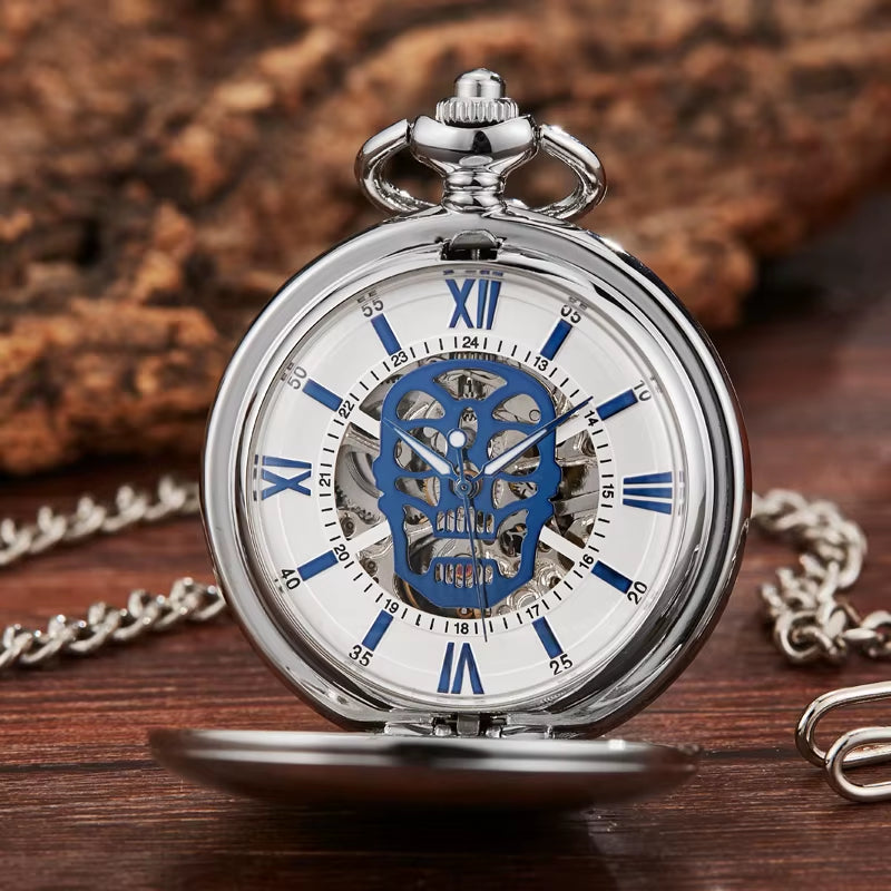 Retro Hand Wind Mechanical Pocket Watch with Fob Chain Mens Hollow Skeleton Dial Black Steel Fashion Quartz Pocket Watch Gifts