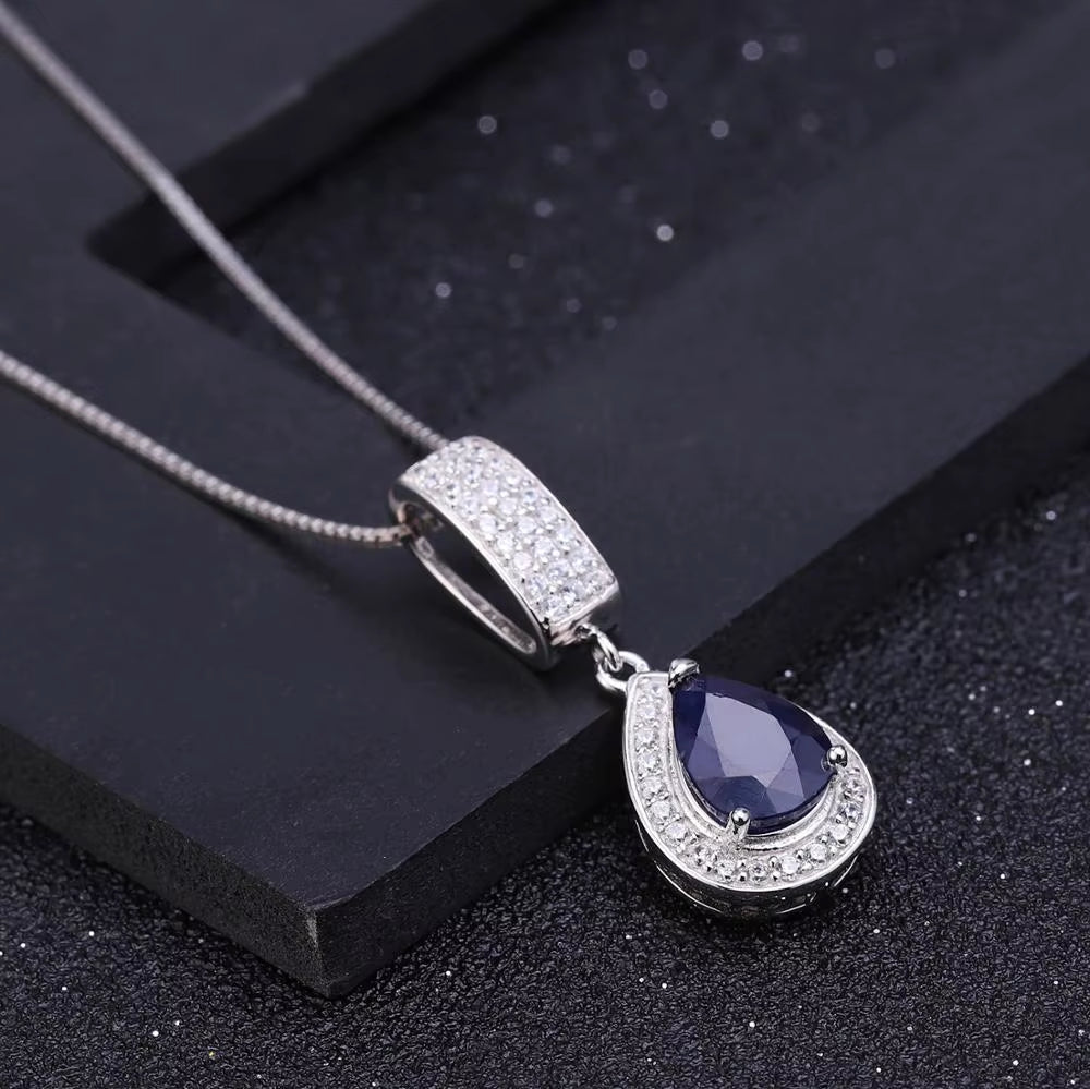 Classic Natural Blue Sapphire Gemstone Jewelry Set 925 Sterling Silver Pendant Earrings Ring Set for Women