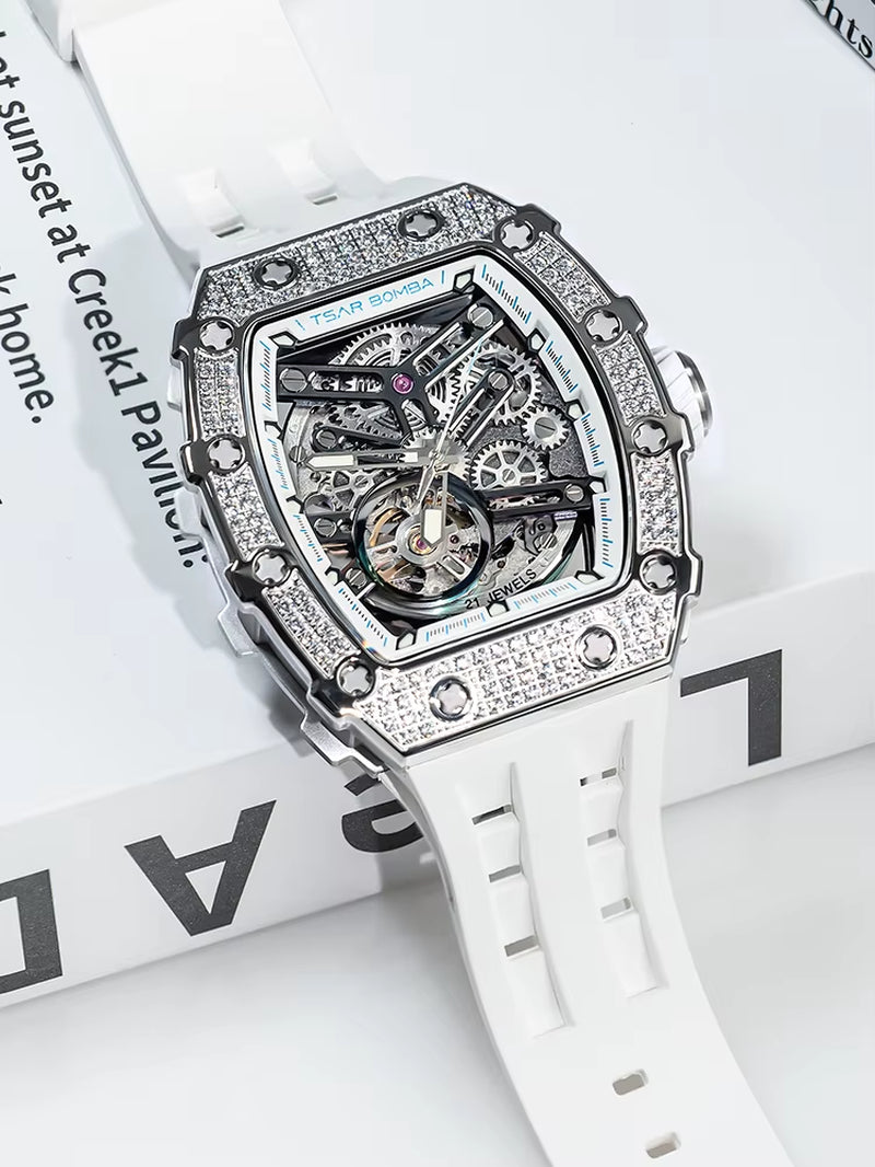 Watches for Men Diamond Automatic Watches Luxury Mens Mechanical Watch White Wristwatch Waterproof Skeleton Clock