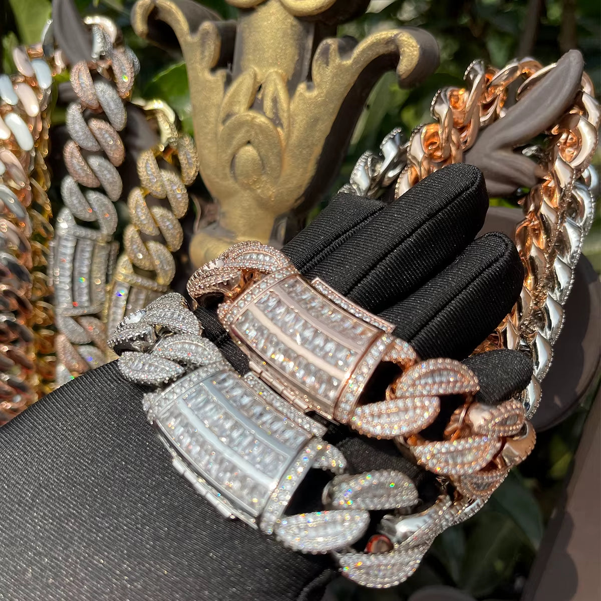 Baguette Cuban Link Chain for Men Iced Out Prong Setting Necklace Choker Real Gold Plated Hip Hop Jewelry