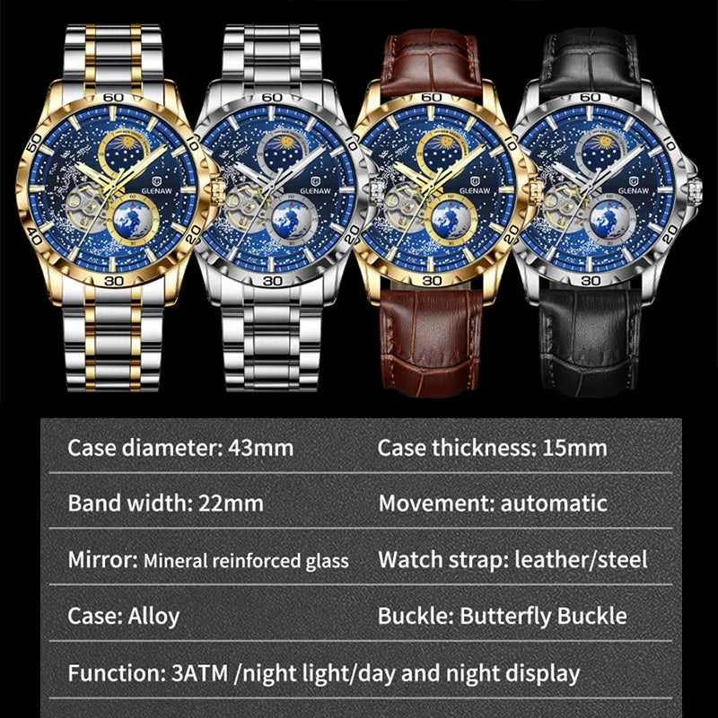 Rotating Earth Double Second Hand Wristwatch Men Automatic Mechanical Watch Starry Sky Stainless Steel Leather Watchband